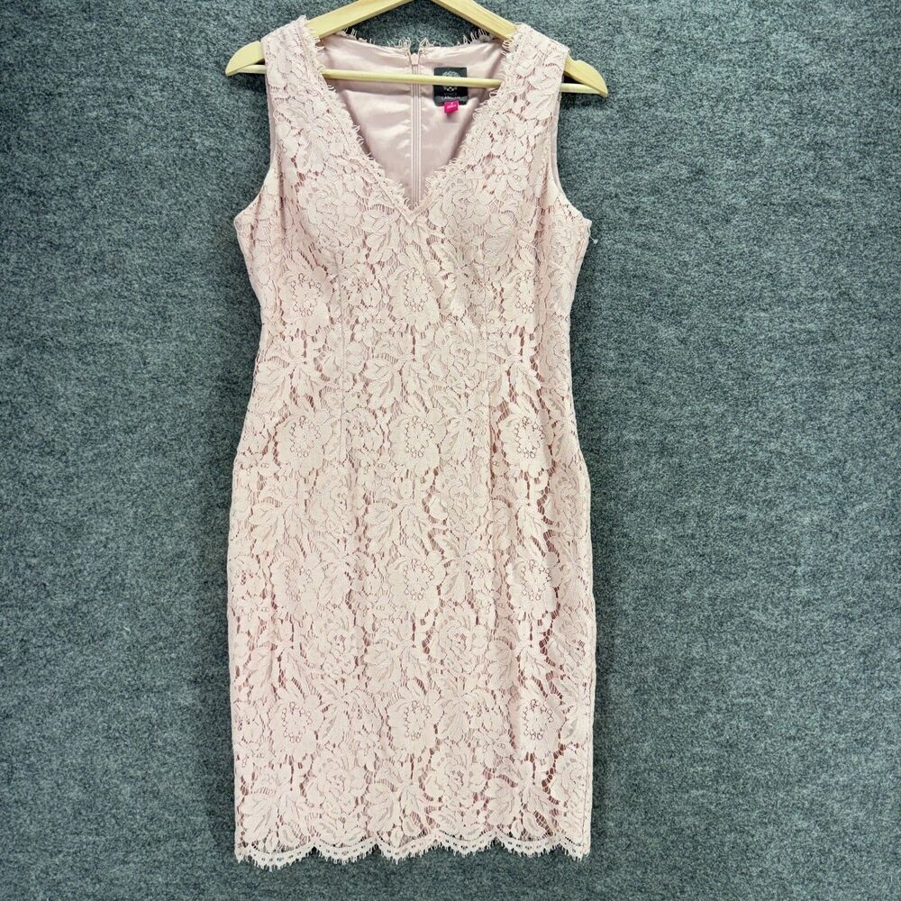 Vince Camuto Dress Women 4 Pink Floral Sheath Midi Zipper V-Neck Crochet Cotton